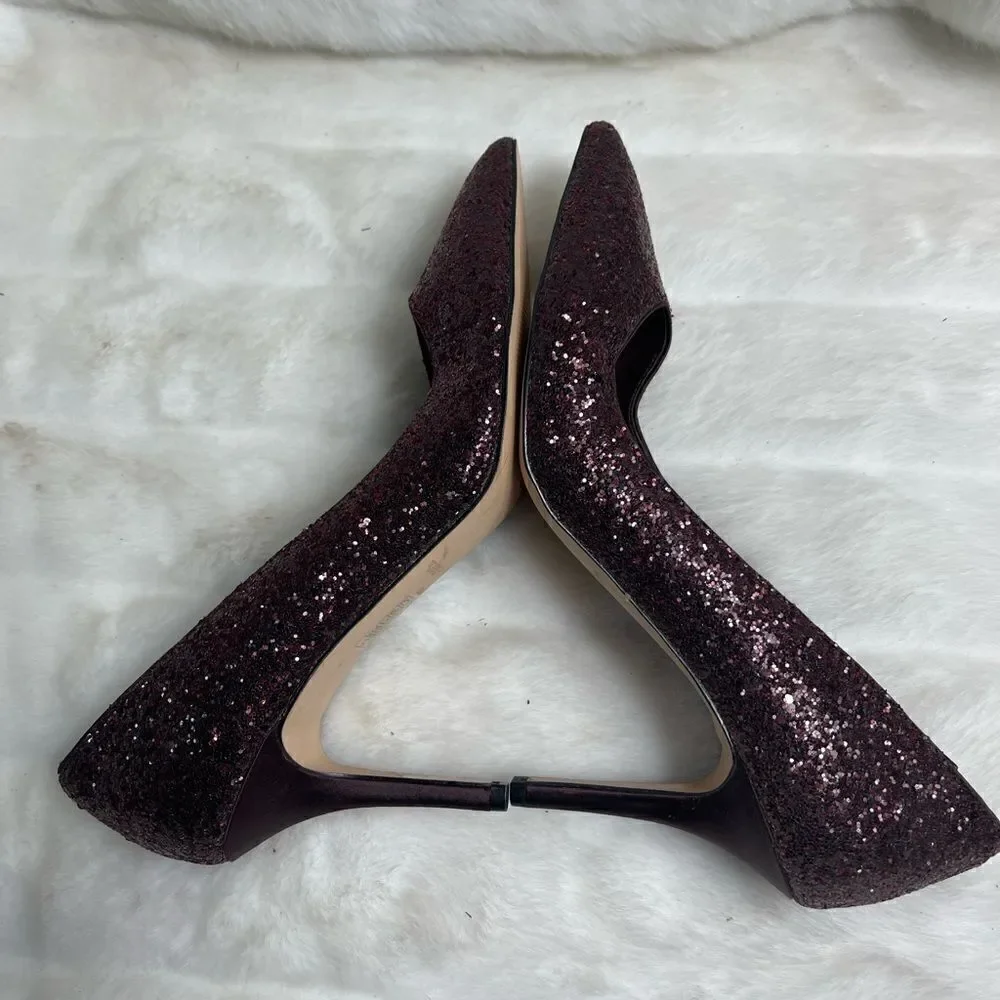 White House Black Market Burgundy wine glitter Satin heels pointed toe Size9.5M